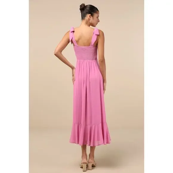 NWT Lulus Summer Invite Pink Tie-Strap Tiered Midi Dress Bridesmaid Gala Size XS - Picture 3 of 9